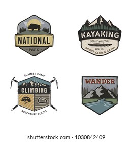 Set of vintage hand drawn travel logos. Hiking labels concepts. National park badge designs. Stock vector retro patches isolated on white background.