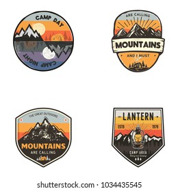 Set Of Vintage Hand Drawn Travel Logos. Hiking Labels Concepts. Mountain Expedition Badge Designs. Stock Vector Retro Patches Isolated On White Background.