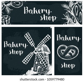 Set of vintage hand drawn vector banners with bakery products on the chalkboard. Vintage backgrounds with food.