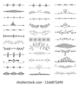 Conjunto de divisores vectoriales, líneas, bordes y laureles dibujados a mano. Elementos aislados del vector.