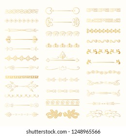Set of vintage hand drawn vector golden dividers, lines, borders and laurels. Vector isolated elements.