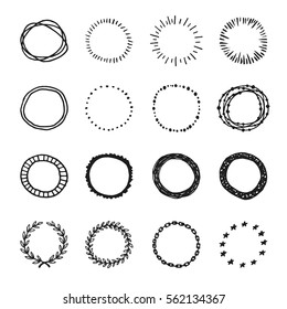Set of vintage hand drawn vector circle shapes design elements, signs and symbols templates for your logotype, emblems. Collection of simple doodles frames, isolated on white background.