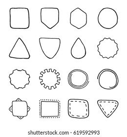 Set of vintage hand drawn vector shapes design elements, signs and symbols templates for your logotype, emblems, labels. Collection of simple doodles frames, isolated on white background.