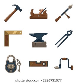 A set of vintage hand tools including a hammer, plane, drill, square, anvil, pliers, combination lock, and spirit level.