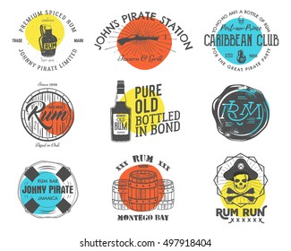Set of vintage handcrafted emblems, labels, logos. Isolated on a color shapes. Sketching filled style. Pirate and sea symbols - old rum bottles, barrels, skull, pistol. Vector.