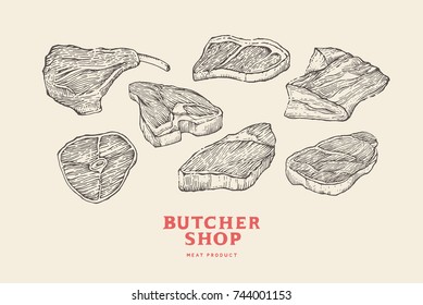 Set vintage hand-drawn different cuts of meats. Engraving pictures for concept of farmer's market and shop. Vector Illustration.