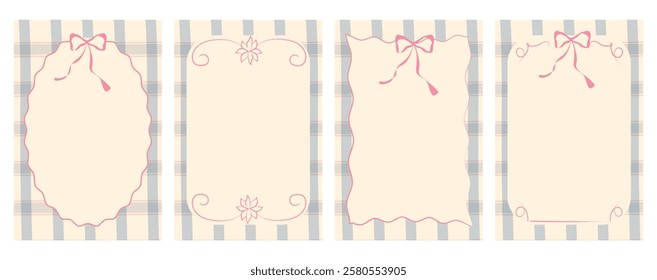 A set of vintage hand-drawn frames with bows, stripes and wavy lines. A template for wedding invitations and menus, Valentine's Day and Christmas greeting cards. Minimalistic coquettish vector.