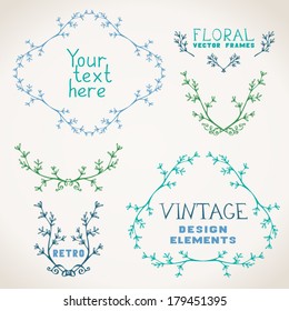 Set of vintage hand-drawn frames with floral elements. Vintage frames, text dividers and labels of branches and leaves. Can be used for invitations, congratulations and greeting cards. 