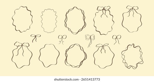 Set of vintage сoquette hand-drawn frames. Minimalist line art. Trendy vintage whimsical borders for wedding invitations, birthday card, prints. Vector сoquette frame set