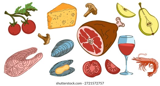 Un conjunto de ilustraciones vintage dibujadas a mano con productos alimenticios. Estilo de dibujos animados mediterráneo acogedor. Elementos aislados, Paquete