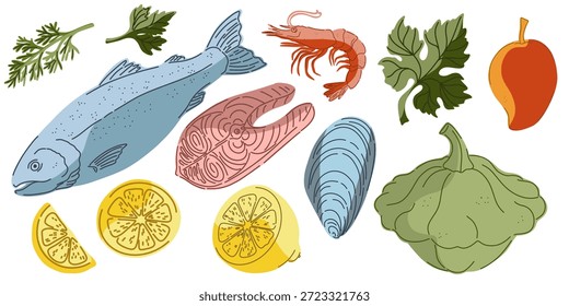 A set of vintage hand-drawn illustrations featuring food products. Cozy Mediterranean cartoon style. Isolated elements, bundle