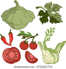 A set of vintage hand-drawn illustrations featuring food products. Cozy Mediterranean cartoon style. Isolated elements, bundle