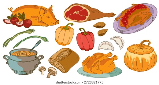 Um conjunto de ilustrações vintage desenhadas à mão com produtos alimentares. Acolhedor estilo de desenho animado mediterrâneo. Elementos isolados, pacote