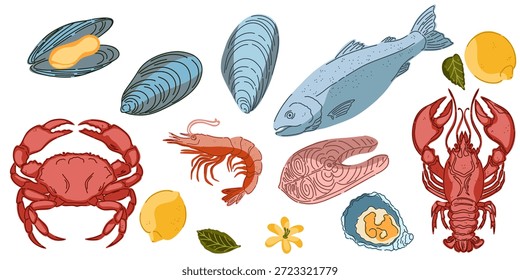 Un conjunto de ilustraciones vintage dibujadas a mano con productos alimenticios. Estilo de dibujos animados mediterráneo acogedor. Elementos aislados, Paquete