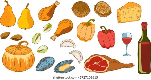 Um conjunto de ilustrações vintage desenhadas à mão com produtos alimentares. Acolhedor estilo de desenho animado mediterrâneo. Elementos isolados, pacote