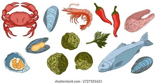 Um conjunto de ilustrações vintage desenhadas à mão com produtos alimentares. Acolhedor estilo de desenho animado mediterrâneo. Elementos isolados, pacote