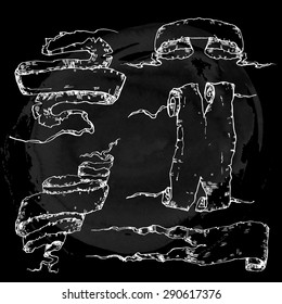 Set of vintage hand-drawn paper scrolls or banners. Chalkboard style. Page decoration elements. Place for your text.