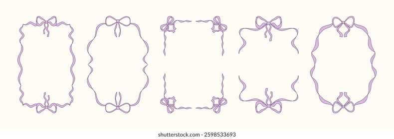 A set of vintage hand-drawn ribbon borders. Elegant doodle ribbons and bow frames. Whimsical decorative elements for wedding or birthday invitations. Vector illustration.
