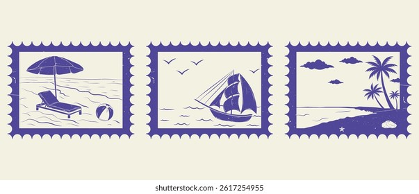 A set of vintage hand-drawn summer vacation postage stamps. Monochrome ink. Retro vector illustration.
