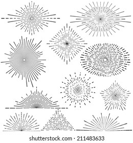 Set of vintage handdrawn sunbursts in different shapes