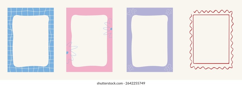 Set of vintage hand-drawn vector frames with whimsical lines, bows, and ribbons. Minimalist cute line art borders, perfect for wedding invitations, greeting cards, posters, scrapbooking, and banners. 