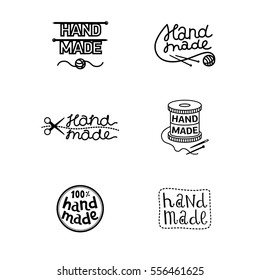 Set of vintage handmade badges, labels and logo elements, retro symbols for local sewing shop, knitwear company, knitting workshop, hand made artist. Black and white logotype in vector