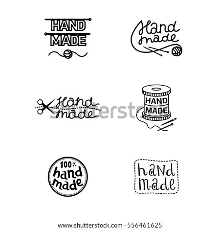 Set of vintage handmade badges, labels and logo elements, retro symbols for local sewing shop, knitwear company, knitting workshop, hand made artist. Black and white logotype in vector