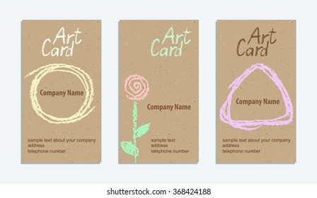 Set of vintage handmade cards with hand drawing textures. Hand drawing copy space on craft paper background. Crayon pastel chalk art lines and design elements, vector.