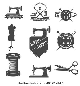 Set of vintage handmade tools labels, logos, badges and design elements isolated on white background.Vector illustration
