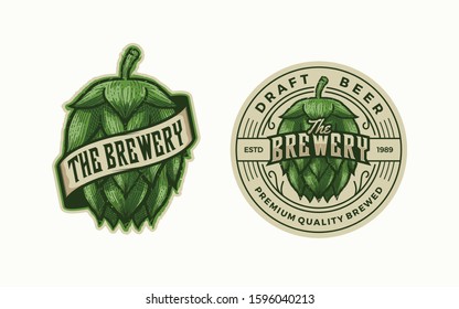 Set of vintage handrawn green hop badge