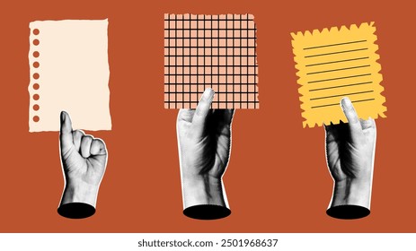 Set of vintage hands with  of paper. Torn or ripped pieces of notebook paper. Vector retro collection. 