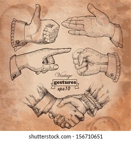 Set of vintage hands. Retro styled design elements. 