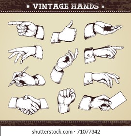 Set of vintage hands. Retro styled design elements. Layered. Vector EPS 10 illustration.