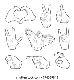 Set of vintage hands sticker in Victorian style. Human vintage hand drawing with pointing finger, peace sign, love gesture, vulcan salute and thumb up, like good quality in retro style. Shadow play