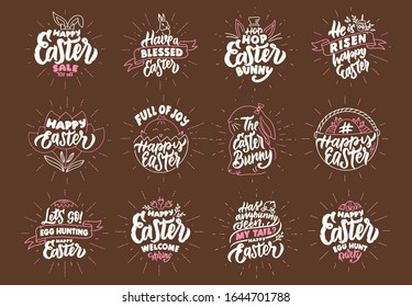 Set of vintage Happy Easter phrases. Emblems, badges, templates, stickers on brown background with rays. Collection of retro logos with hand-drawn text. Vector illustration