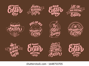 Set of vintage Happy Easter phrases. Pink emblems, badges, templates, stickers on brown background. Collection of retro logos with hand-drawn text. Vector illustration