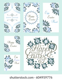 Set of vintage happy easter typographic quotes. Vector illustration. Template vector card with flowers. Floral paints. Lettering and calligraphy.