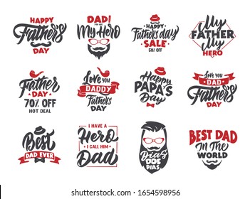 Set von Vintage Happy Vater's Day Embleme und Briefmarken. Farbige Abzeichen, Aufkleber. Sammlung von Logos mit handgezeichneten Text, Symbolen, Phrasen. Vektorillustration. Dia Dos Pias - Fröhlicher Tag des Vaters.