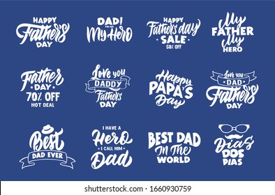 Set of vintage Happy father's day phrases. Emblems, badges, templates, stickers on blue background. Collection of retro logos with text. Vector illustration. Dia Dos Pias - Happy father's day