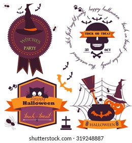 Set Of Vintage Happy Halloween Badges and Labels. Halloween Scrapbook Set. Ribbons, Flat Icons and Other Elements. Vector illustration. Cute Halloween Characters.