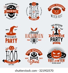 Set of Vintage Happy Halloween Badges, Stickers, Labels. Design Elements for Greetings Card or Party Flyer. Vector Illustration