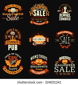 Set of Vintage Happy Halloween Badges, Stickers, Labels. Vector Design Elements for Greetings Card, Party Flyer and Promotional Materials. Vector Illustration