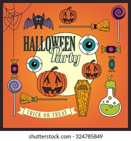 Set Of Vintage Happy Halloween Badges and Labels. Halloween Scrapbook Set. Ribbons, Flat Icons and Other Elements. Vector illustration. Cute Halloween Characters.