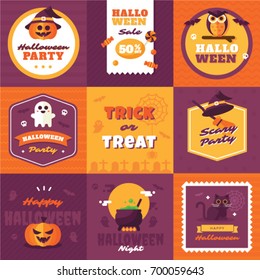 Set Of Vintage Happy Halloween Badges and Labels. Ribbons, Flat Icons and Other Elements. Vector illustration. Cute Halloween Characters.