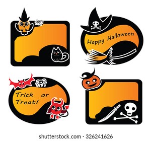 Set Of Vintage Happy Halloween Labels and stickers. Witch, Owl, Devil, Vampire Bat, Jack-O-Lantern, Scull and Bones, Black Cat, Broom - vector illustration of Cute Halloween elements. Eps 10.