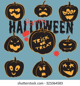 Set Of Vintage Happy Halloween pumpkins. Halloween Scrapbook Elements. Vector illustration. Cute Halloween Characters.