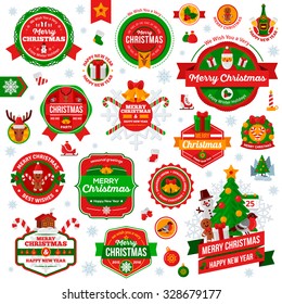 Set Of Vintage Happy New Year and Merry Christmas Badges and Labels. Vector illustration. 