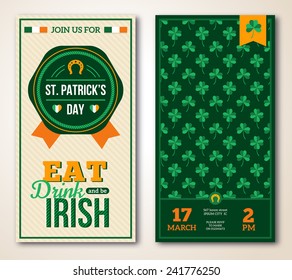 Set Of Vintage Happy St. Patrick's Day Greeting Card or Flyer with Clover Pattern and Ribbon. Vector illustration.   