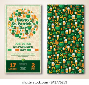 Set Of Vintage Happy St. Patrick's Day Greeting Card or Flyer. Vector illustration. Party Invitation Design with Irish Elements Pattern. Typographic Template for Text. 