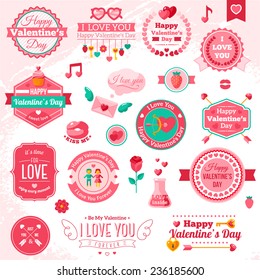 Set Of Vintage Happy Valentine's Day badges and labels - Typographical Background With Ornaments, Hearts, Ribbon and Arrow. I love you typography template.